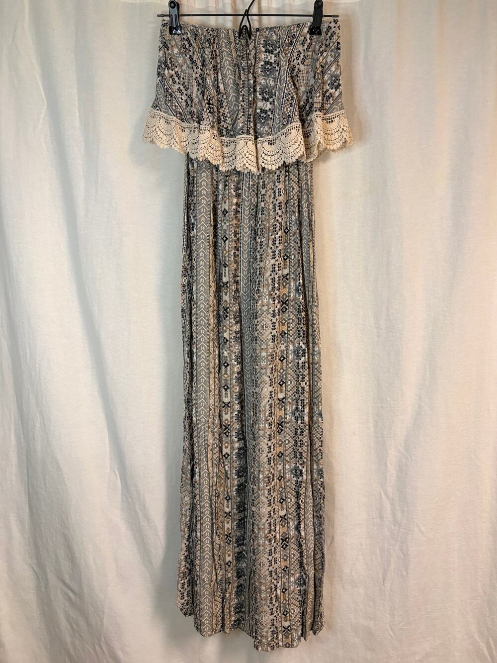 Forever 21 Boho Strapless Crochet Trim Maxi Dress Gray Small